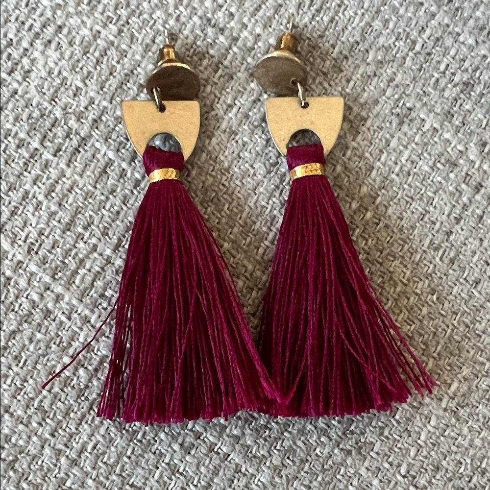 Burgundy Tassel Earrings with Gold Accents
